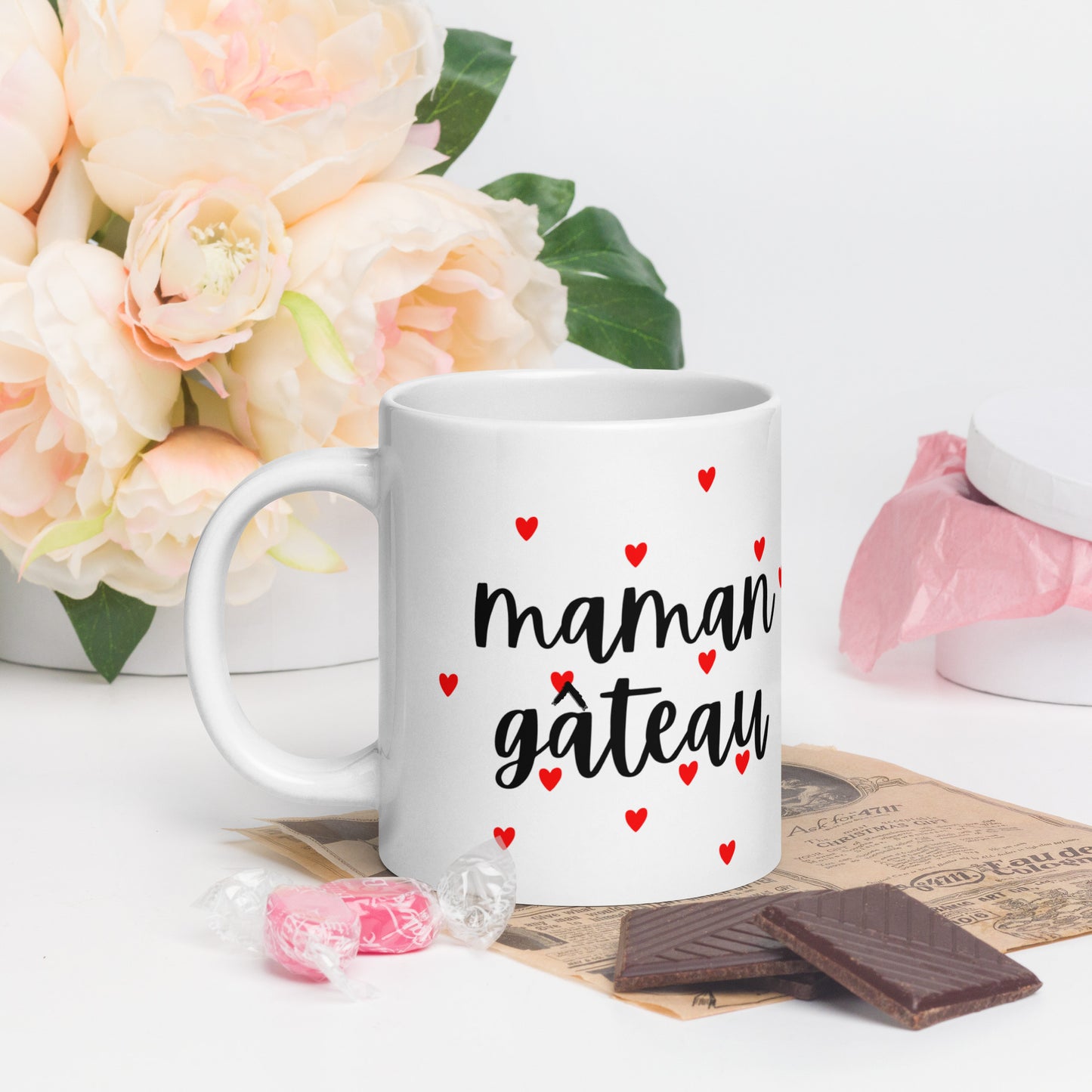 Mug en céramique – Blanc – Formats 11, 15, 20 oz, design élégant pour bureau & cuisine – Maman Gâteau