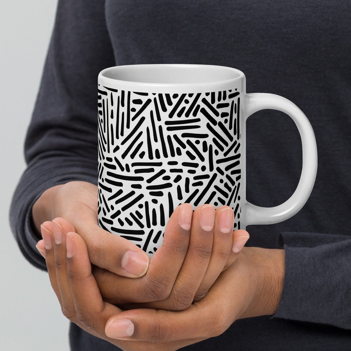 Mug en céramique – Blanc & Noir – Formats 11, 15, 20 oz, design élégant pour bureau & cuisine - Dessin Traits & Points