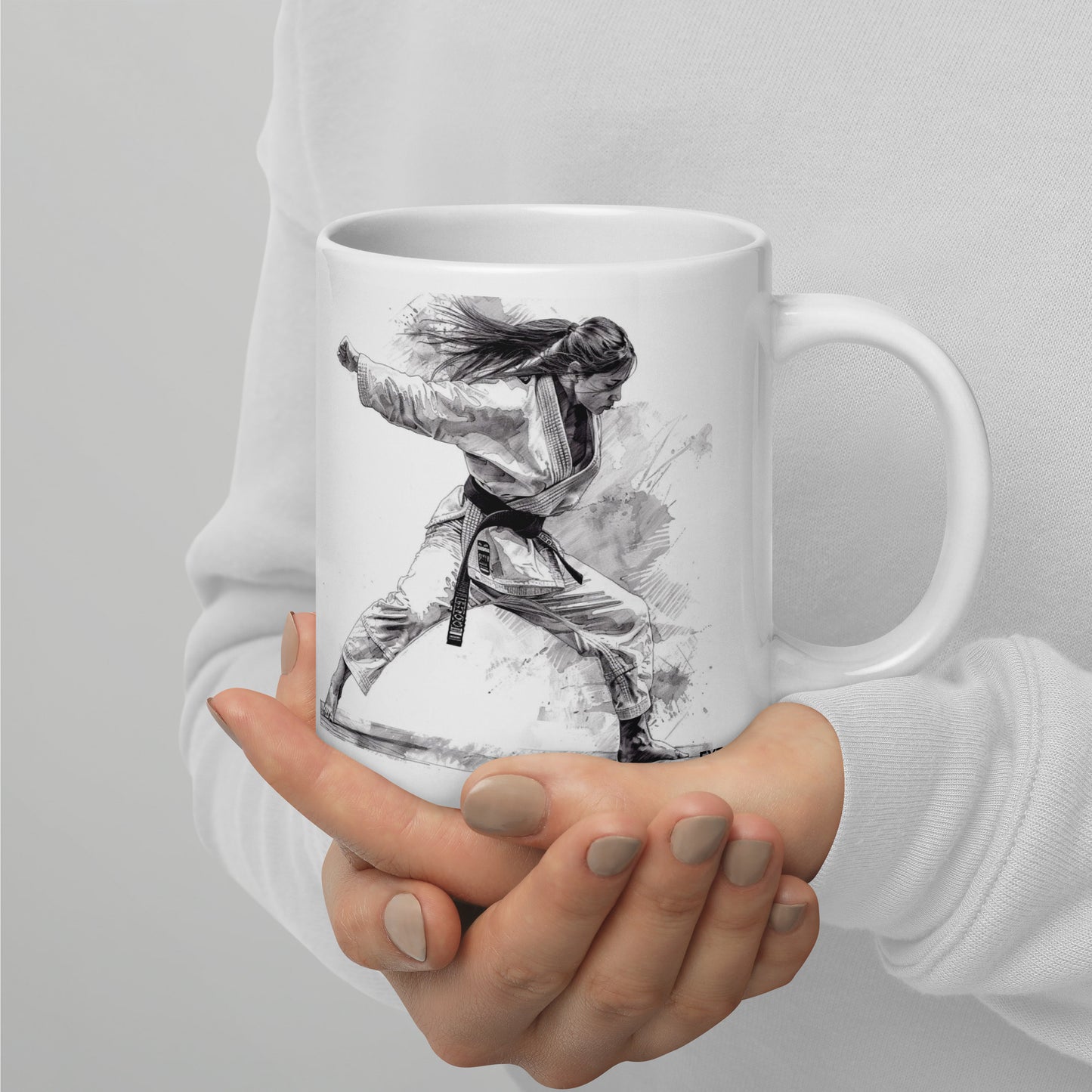 Mug en céramique – Blanc – Formats 11, 15, 20 oz, design élégant pour bureau & cuisine – Dessin Femme Judoka