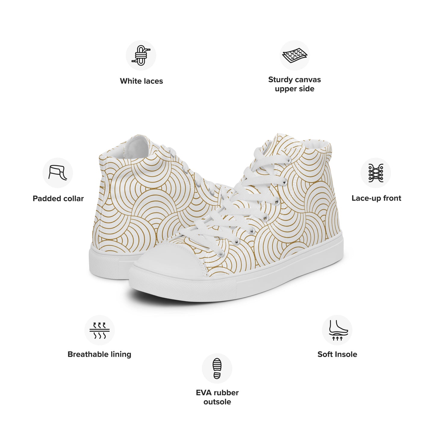 Baskets hautes en toile femme - Blanc et Or – Légères et confortables – Graphique