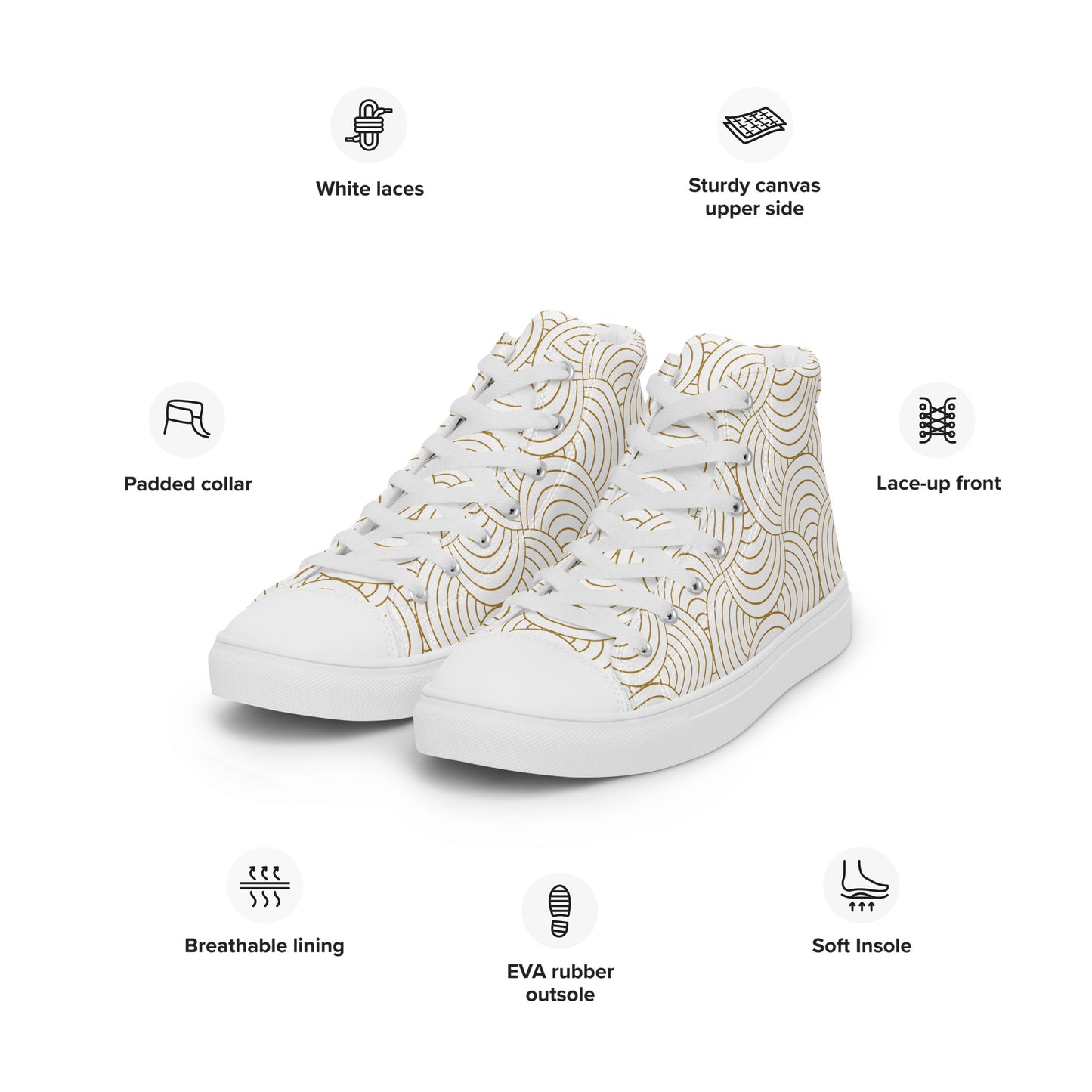 Baskets hautes en toile femme - Blanc et Or – Légères et confortables – Graphique